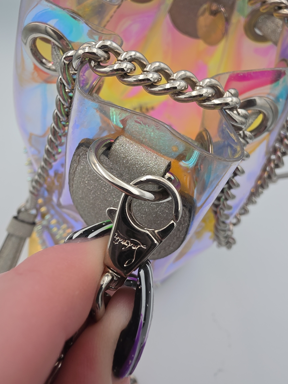 Christian Louboutin Irredesent W Silver Small Chain Bucket Crossbody (FAIR)COA🩶 - Picture 11 of 16